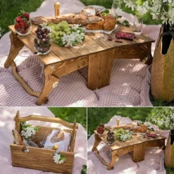 Wooden Outdoor Folding Picnic Basket Table,Portable Wooden Outdoor Picnic Wine Table Folding Beach Table Snack Cheese Tray, For Picnic Outdoor On The Beach Park Or Indoor