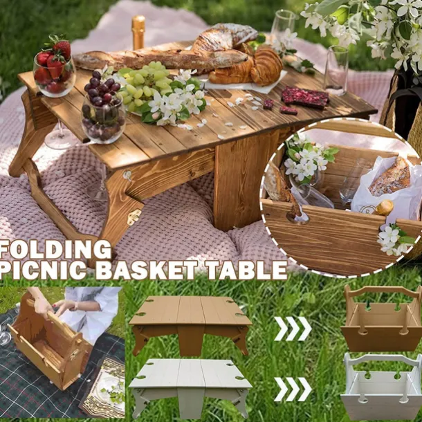 Wooden Outdoor Folding Picnic Basket Table,Portable Wooden Outdoor Picnic Wine Table Folding Beach Table Snack Cheese Tray, For Picnic Outdoor On The Beach Park Or Indoor