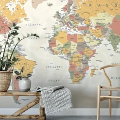 World Map Wallpaper Mural Vintage Atlas Wall Covering Sticker Peel and Stick Removable PVC/Vinyl Material Self Adhesive/Adhesive Required Wall Decor for Living Room Kitchen Bathroom