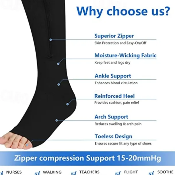Zipper Compression Socks Open Toe Toeless Compression Socks for Women and Men(1 Pair)